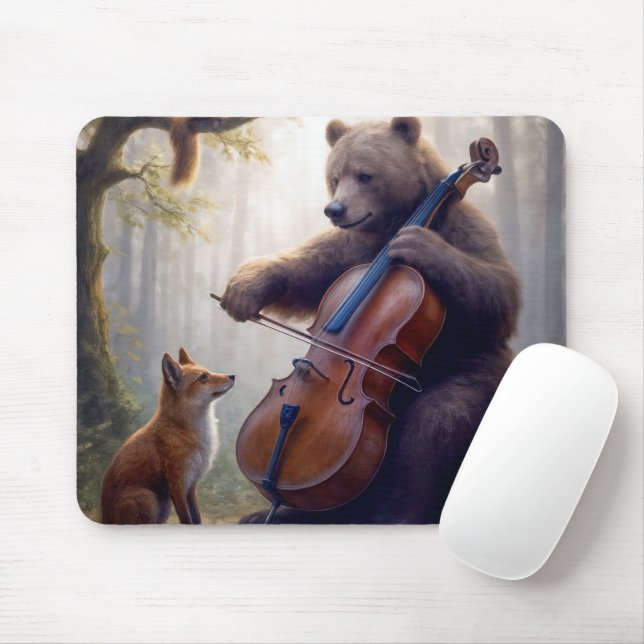 Bear Playing the Cello In a Misty Forest Mouse Mat (With Mouse)