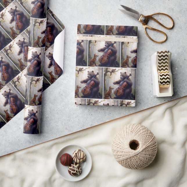Bear Playing the Cello In a Misty Forest Wrapping Paper (Crafts)