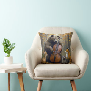 Bear Playing the Cello in Autumn Woods Cushion