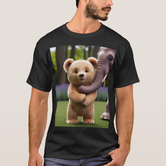  Bear Playing with Elephant's Trunk – Fun Animal  T-Shirt (Front)
