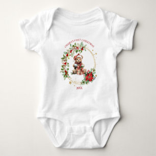 Bear Poinsettia Foliage Baby's First Christmas Baby Bodysuit