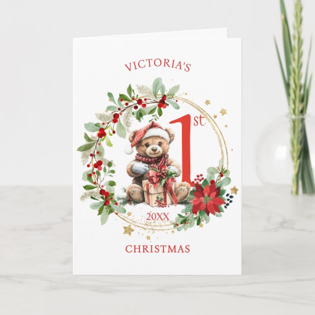Bear Poinsettia Foliage Baby's First Christmas Card (Front)