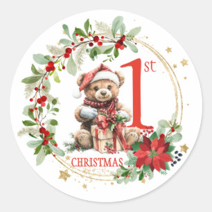 Bear Poinsettia Foliage Baby's First Christmas Classic Round Sticker