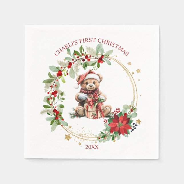 Bear Poinsettia Foliage Baby's First Christmas Napkin (Front)