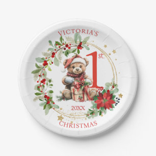 Bear Poinsettia Foliage Baby's First Christmas Paper Plate