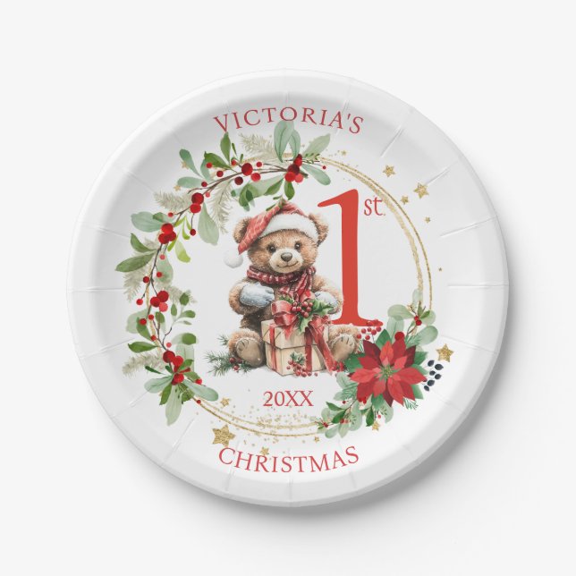 Bear Poinsettia Foliage Baby's First Christmas Paper Plate (Front)
