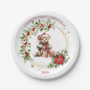 Bear Poinsettia Foliage Baby's First Christmas Paper Plate