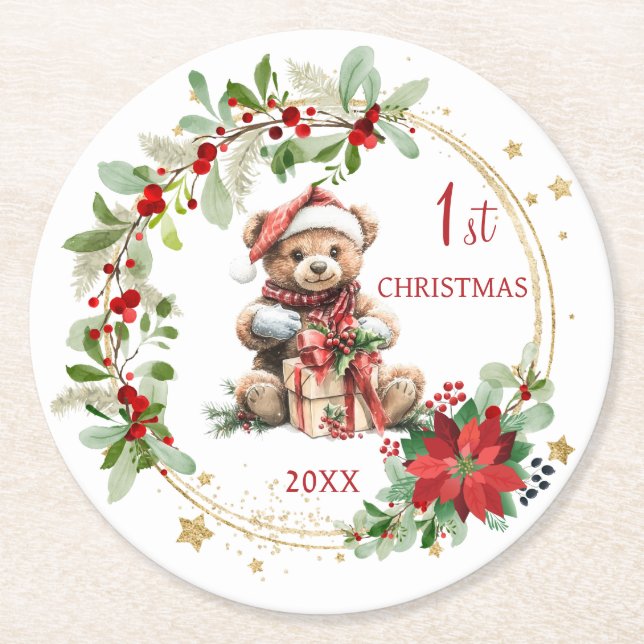 Bear Poinsettia Foliage Baby's First Christmas Round Paper Coaster (Front)