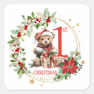Bear Poinsettia Foliage Baby's First Christmas Square Sticker