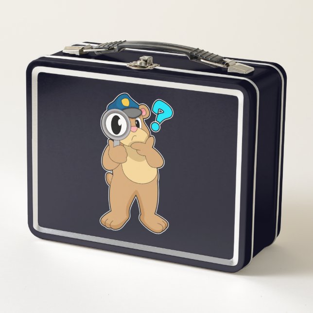 Bear Police officer Magnifying glass Metal Lunch Box (Front)