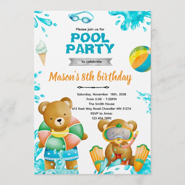 Bear Pool Party Birthday Invitation (Front)
