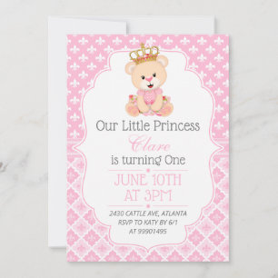 Bear Princess First Birthday Invitation