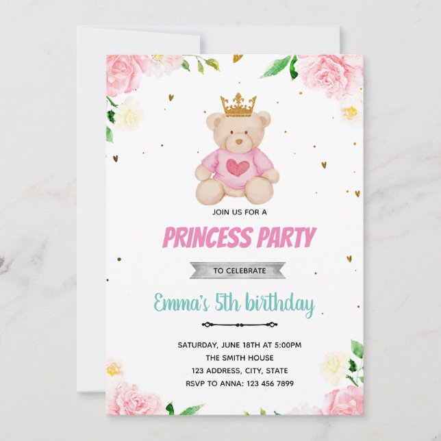 Bear princess slumber party invitation (Front)