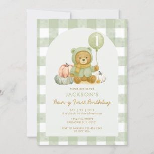 Bear Pumpkin Sage Green Beary First Birthday Invitation