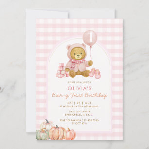 Bear Pumpkin Soft Pink Beary First Birthday  Invitation