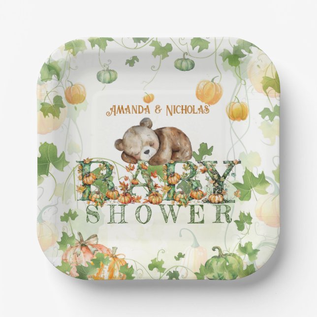 Bear Pumpkins Whimsical Fall Baby Shower Paper Plate (Front)