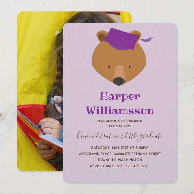 Bear Purple Photo Kindergarten Graduation Invitation (Front/Back)