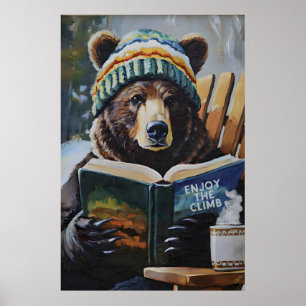 Bear Reading Book Ski Art Print Cozy Winter Cabin