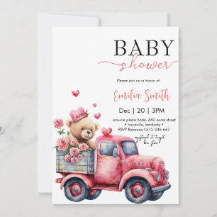 Bear Red Hearts Truck Baby shower Invitation