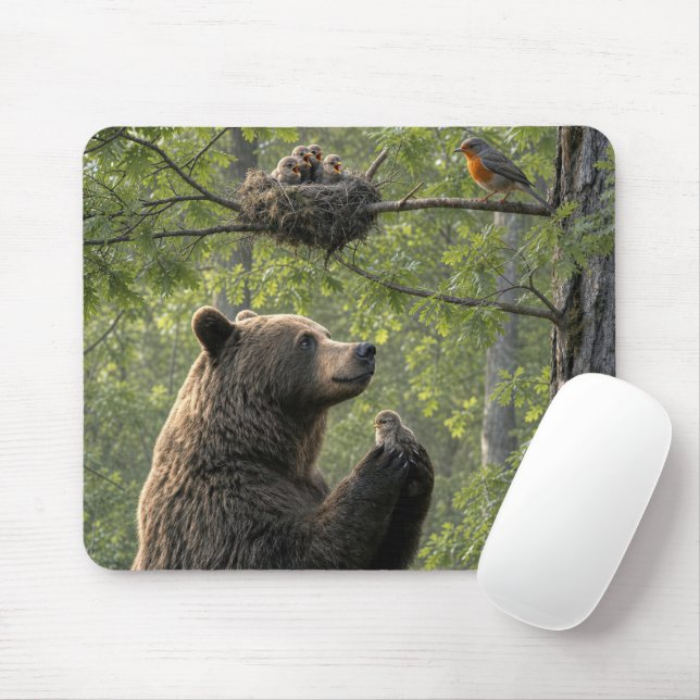 Bear Rescuing a Baby Robin Mouse Mat (With Mouse)