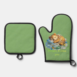 Bear Resting on Plastic Waste Wildlife Oven Mitt & Pot Holder Set