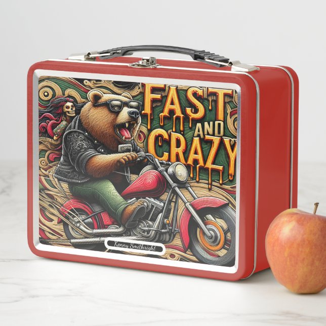 Bear Rides Fiercely on a Motorcycle Metal Lunch Box (In Situ)