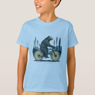 Bear riding a bicycle through the woods T-Shirt
