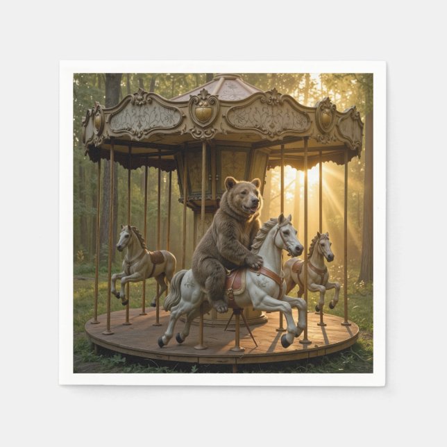 Bear Riding a Carousel Horse in a Forest Napkin (Front)