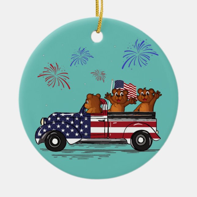Bear Riding Truck American Flag Fireworks Funny Ceramic Tree Decoration (Front)