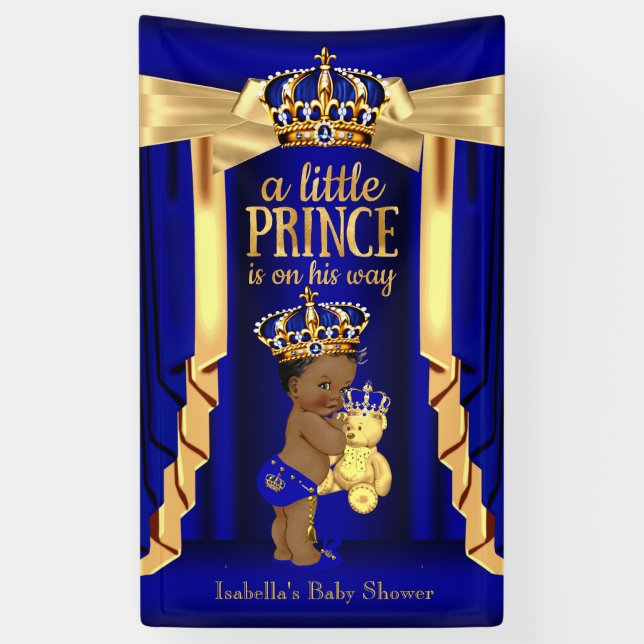 Bear Royal Blue Silk Gold Crown Baby Shower Ethnic Banner (Vertical)
