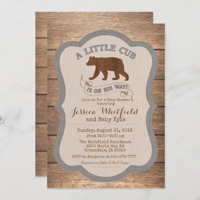 Bear Rustic Wood Baby Shower Invitation (Front/Back)