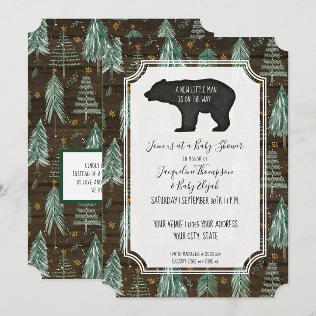 Bear Rustic Wood Woodland Forest Baby Boy Shower Invitation (Front/Back)