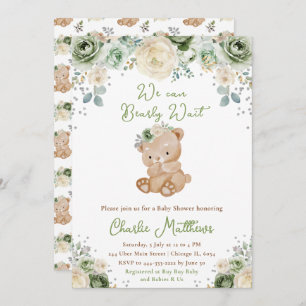 Bear Sage Green and Ivory Flowers Baby Shower Invitation