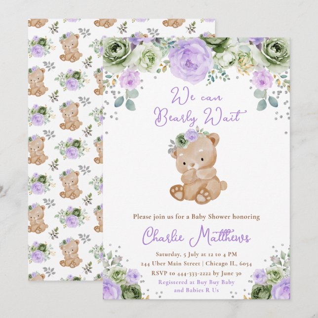 Bear Sage Green and Purple Flowers Baby Shower Invitation (Front/Back)