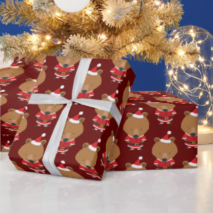 Bear Santa Hat Burgundy Christmas Holiday Wrapping Paper