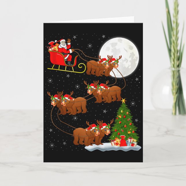 Bear Santa Sleigh Flying Funny Magical Christmas T Card (Front)
