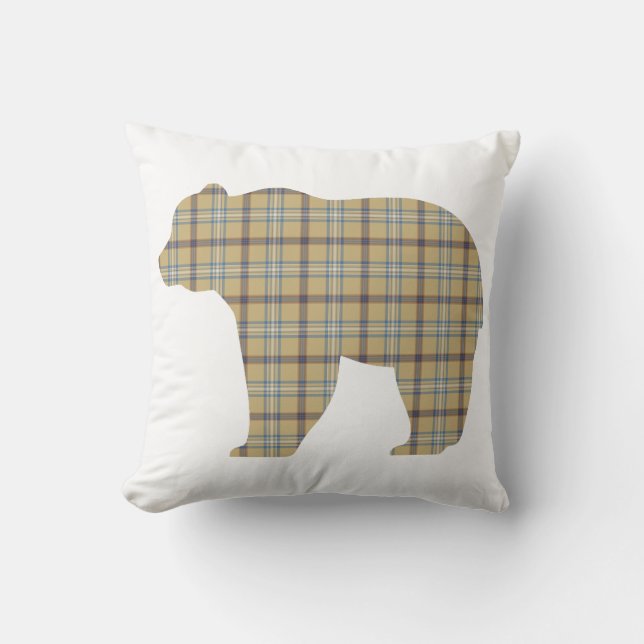 Bear Shape Plaid Tan Blue Cabin Core Cushion (Front)