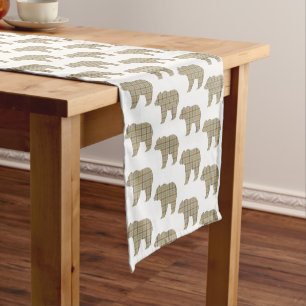 Bear Shape Plaid Tan Blue Cabin Core Table Runner