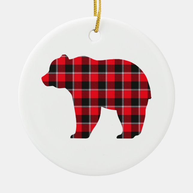 Bear Shaped Plaid Red Black Buffalo Ceramic Tree Decoration (Front)