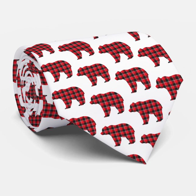 Bear Shaped Plaid Red Black Buffalo Neck Tie (Rolled)