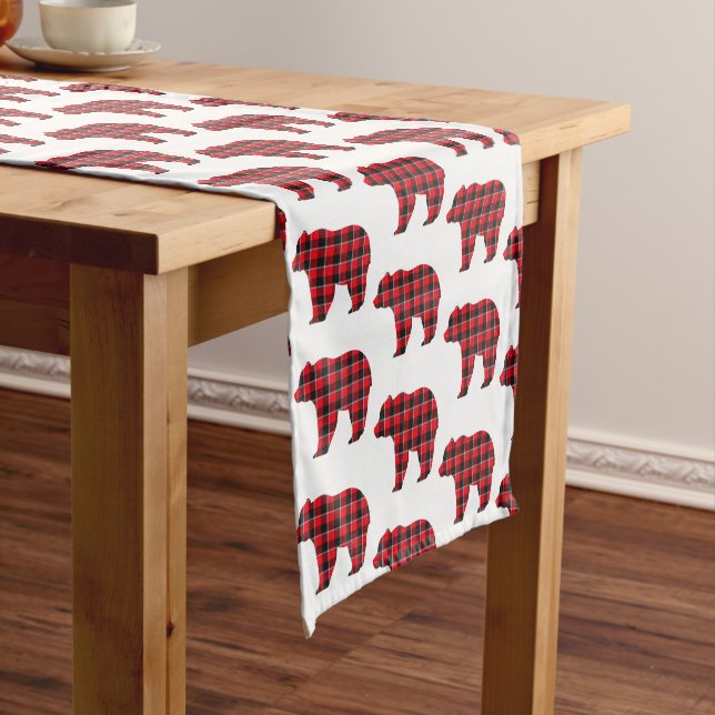 Bear Shaped Plaid Red Black Buffalo Table Runner (In Situ)