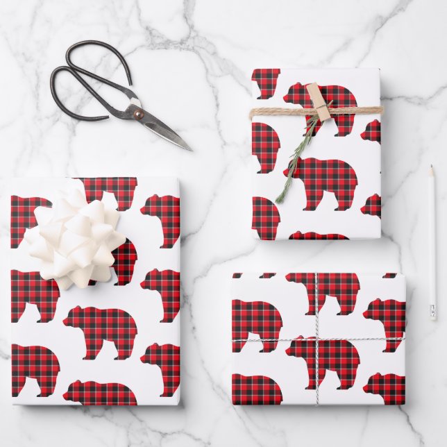 Bear Shaped Plaid Red Black Buffalo Wrapping Paper Sheet (Front)