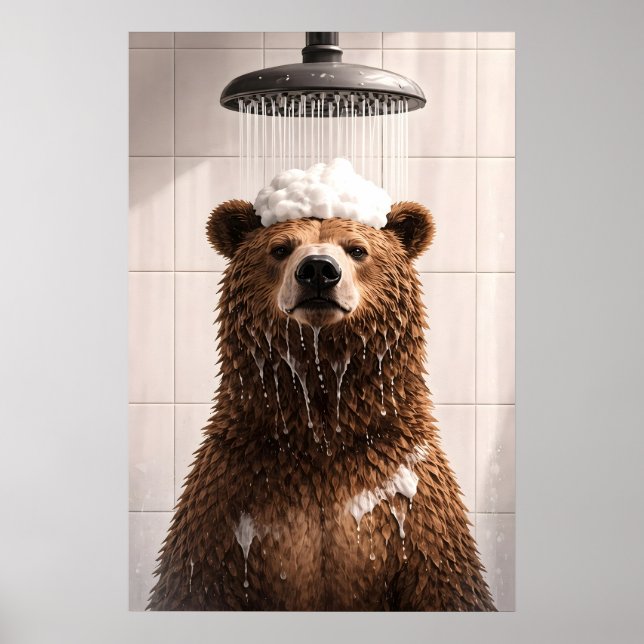 Bear Shower Poster, Funny Animal Bathroom Wall Poster (Front)
