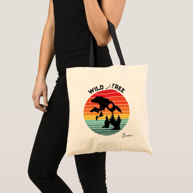 Bear Silhouette Stripe Retro Wild Free Tote Bag (Front (Product))