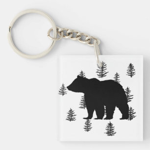 Bear Silhouette Trees Wilderness Mountain Key Ring
