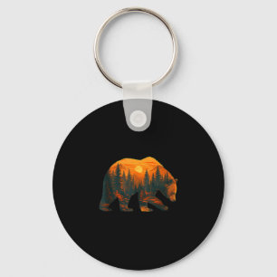 Bear silhouette with forest landscape and sunset key ring