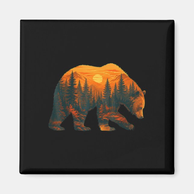Bear silhouette with forest landscape and sunset  magnet (Front)