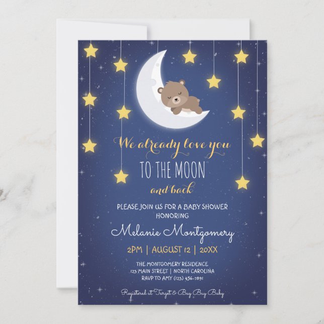 Bear Sleeping Love You The Moon Back Baby Shower Invitation (Front)