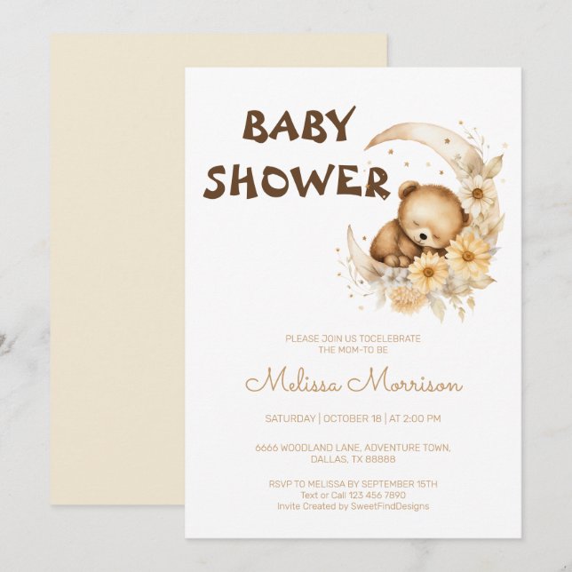 Bear Sleeping on Moon Baby Shower Invitation (Front/Back)