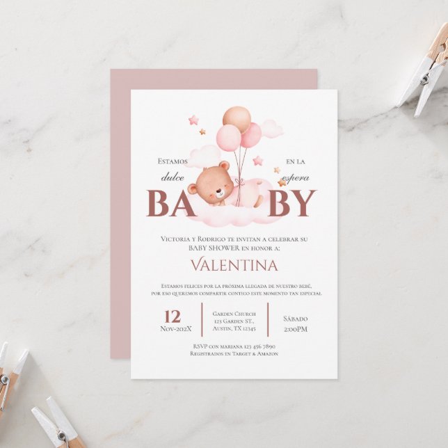Bear Spanish Baby Shower Girl invitation (Front/Back In Situ)